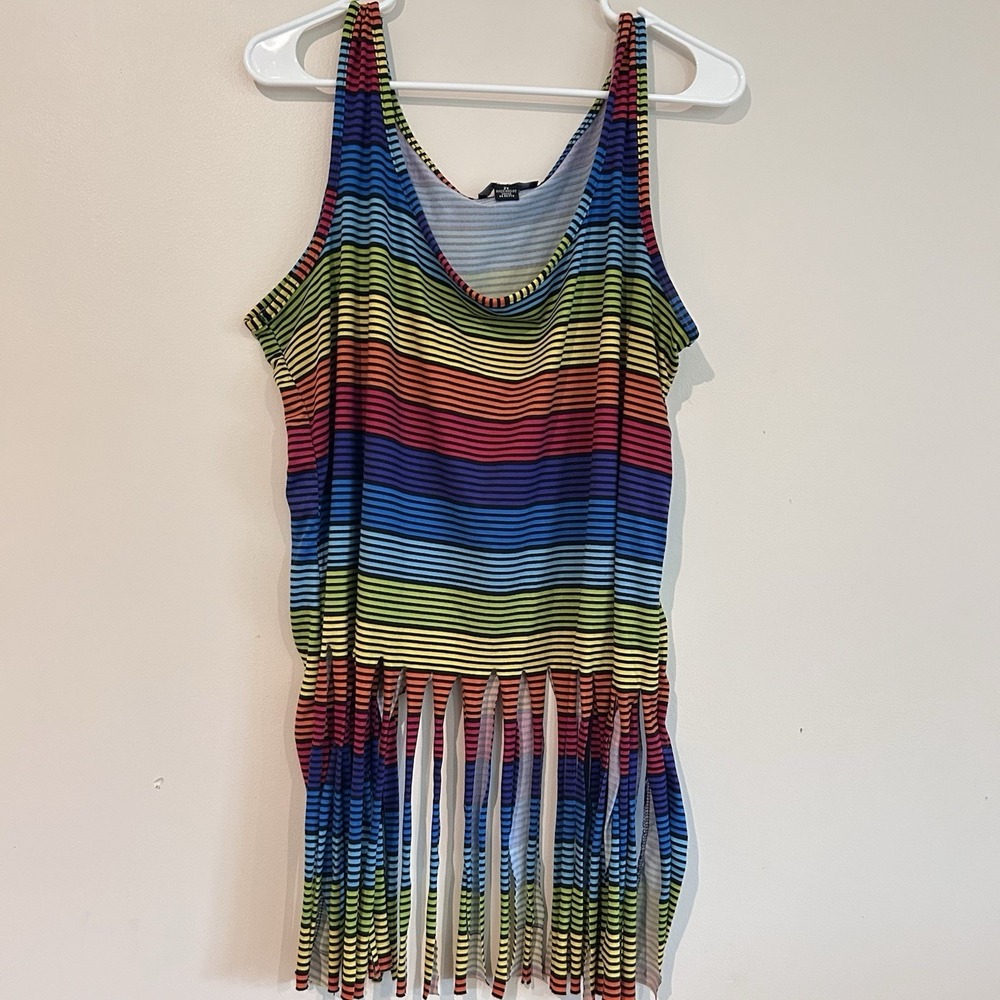 Rainbow Top Sz 2X Fringe Hippie Tank Sleeveless Stretch Festival